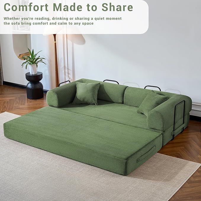 Compressed Sofa Convertible Sofa Bed Corduroy Compression Boneless Couch with Pillow Comfy Modular Foldable Floor Sleeper Sofa for Bedroom Living Room Lounge Studio (Olive Green)