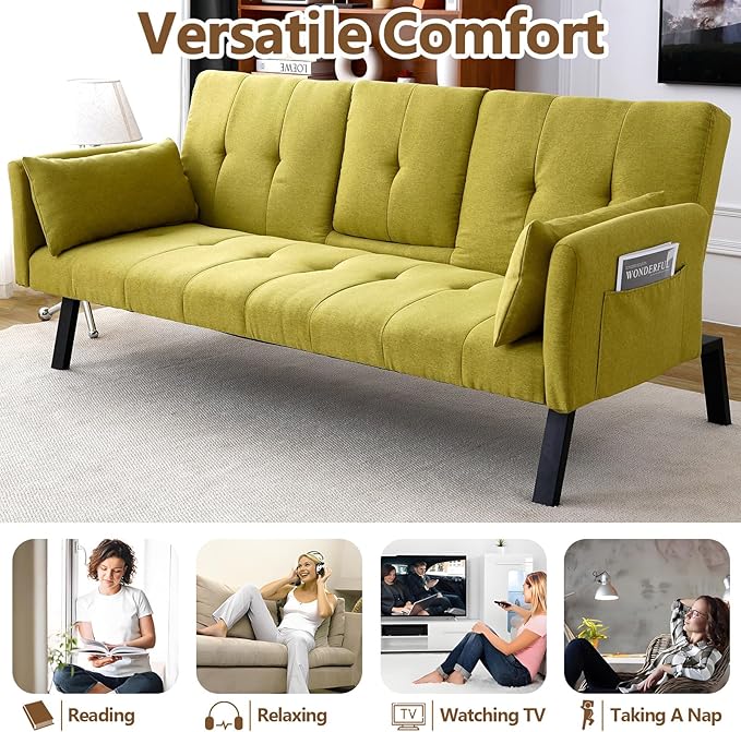 72 Cotton Linen Futon Couch Living Room Couch Bed Convertible Sleeper Sofa Bed with Cup Holder for Bedroom Guest Bed 2 Seater Reclining Sofas Couches with Nailhead Trim for Small Space (Green)