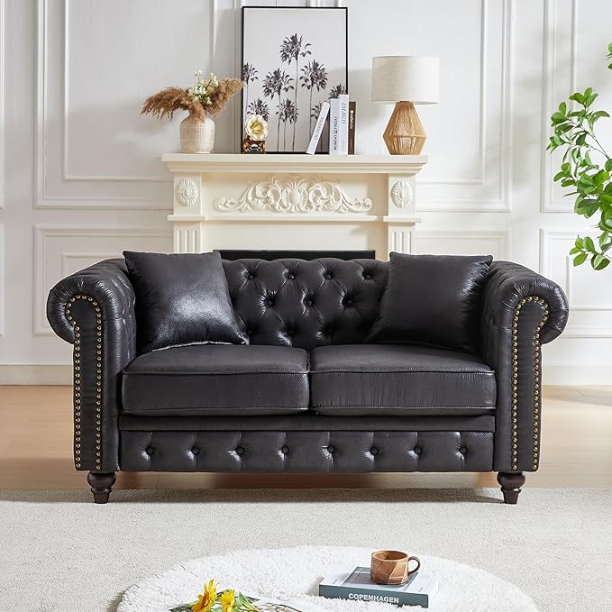 Mid Century Modern Loveseat Sofa 63.5W High-tech Fabric Button Tufted Small Couch with Nailhead Trim &amp Roll Armrest Upholstered Comfy Chesterfield Sofa for Living Room Office(2 Seater Black)