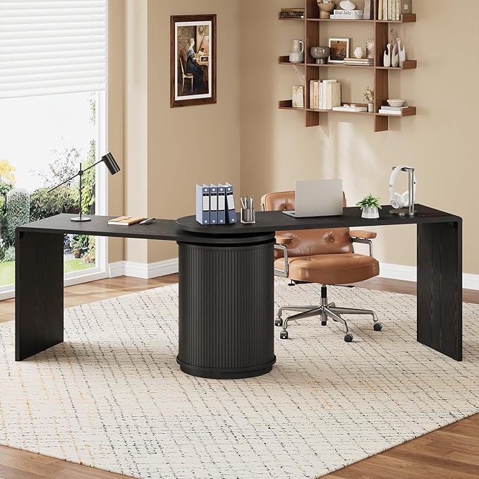 ONBRILL 60 Inch L Shaped Desks with Power Outlets360° Rotating Fluted Computer Desk with Storge Swivel Corner Table for Home OfficeWorkstationStudy RoomBlack