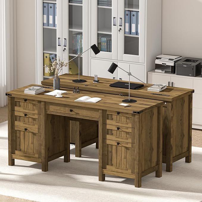 Executive Desk Modern Farmhouse Computer Desk with Drawers &amp Cabinet Home Office Desk for Work Study Writing Workspace (Light Brown 62)