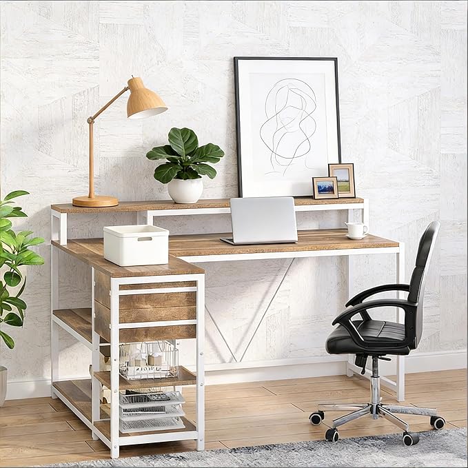 55 Inch Computer Desk with Monitor Stand L-Shaped Home Office Desk with Storage Drawers Reversible Gaming Writing Study Table for Home Office Bedroom (White+Oak)