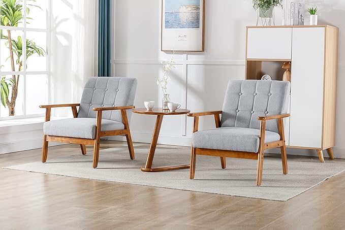 QiMaieeUSA Mid Century Modern Accent Chairs Set of 2 with Side Table Wood and Fabric Armchairs Side Chair Lounge Reading Comfy Arm Chair for Living Room Bedroom Office