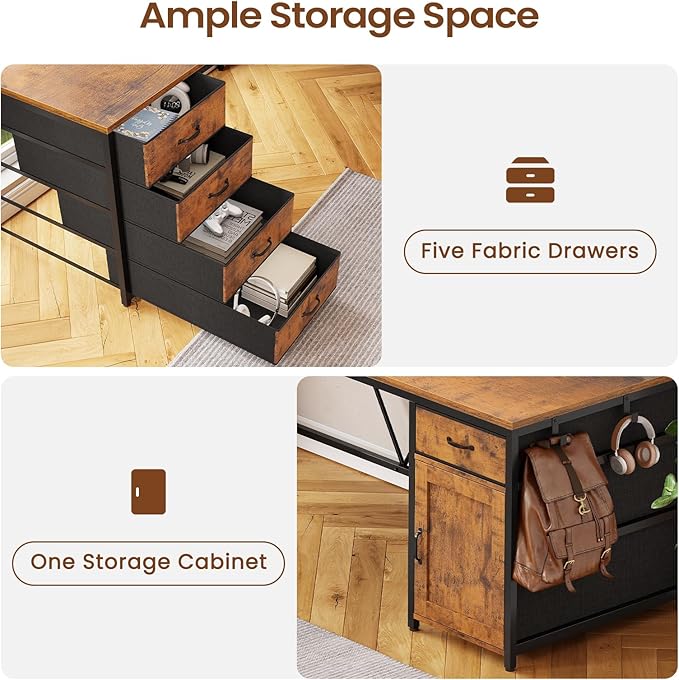 SEDETA L Shaped Desk 63 Computer Desk with 5 Drawer &amp Power Outlet Long Home Office Desk or Corner Desk L Shaped Corner Desk with Monitor Shelf Storage Cabinet Rustic Brown