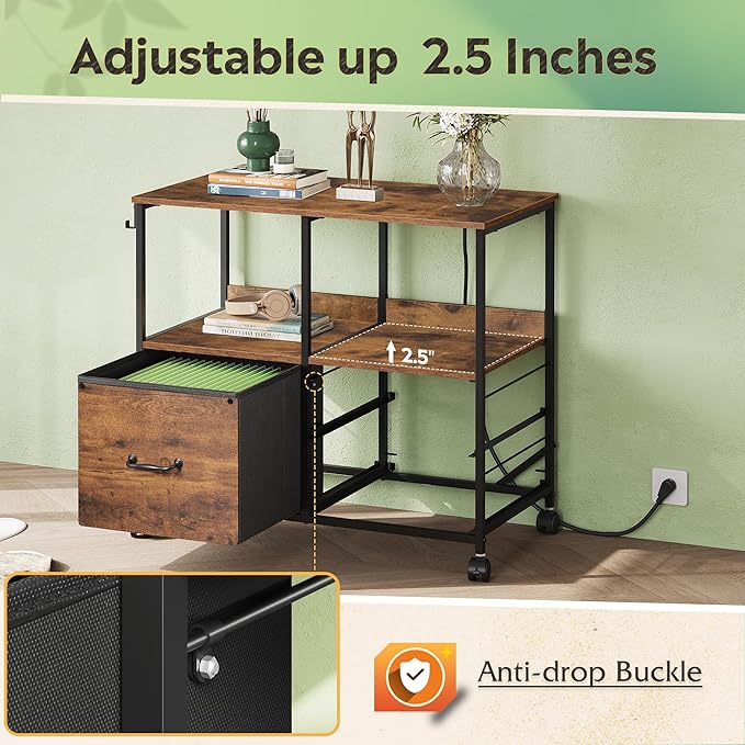 DEVAISE 3 Drawer Mobile File Cabinet Rolling Printer Stand with Storage Shelf Fabric Lateral Filing Cabinet fits A4 or Letter Size Adjustable Shelf for Home Office Rustic Brown