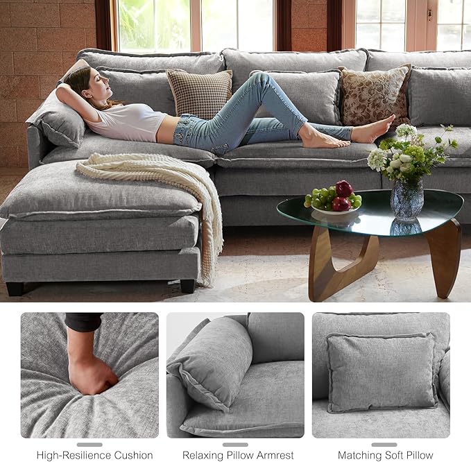 ELUCHANG 113 L Shaped Sectional Couch Comfy Cloud Modular Sectional Sofa with Movable Ottoman 4-Seat Deep Seat Modern Cloud Sofa Couches for Living Room Bedroom and Apartment Chenille Grey