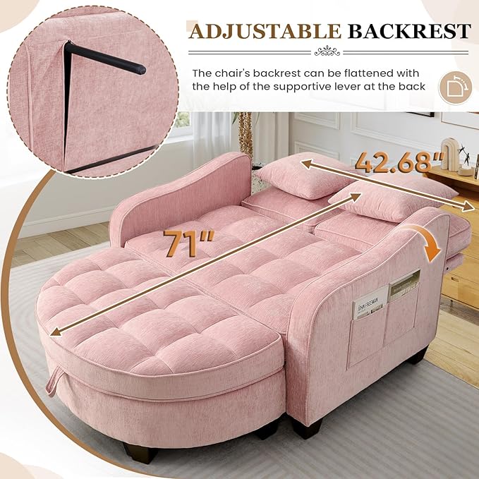 Oversized Chair and A Half Chenille Tufting Accent Cozy Reading Sofa Chair with Storage Ottoman Upholstered Loveseat Chaise Lounge Sofa with Adjustable Back for Living Room Office Sunroom Pink