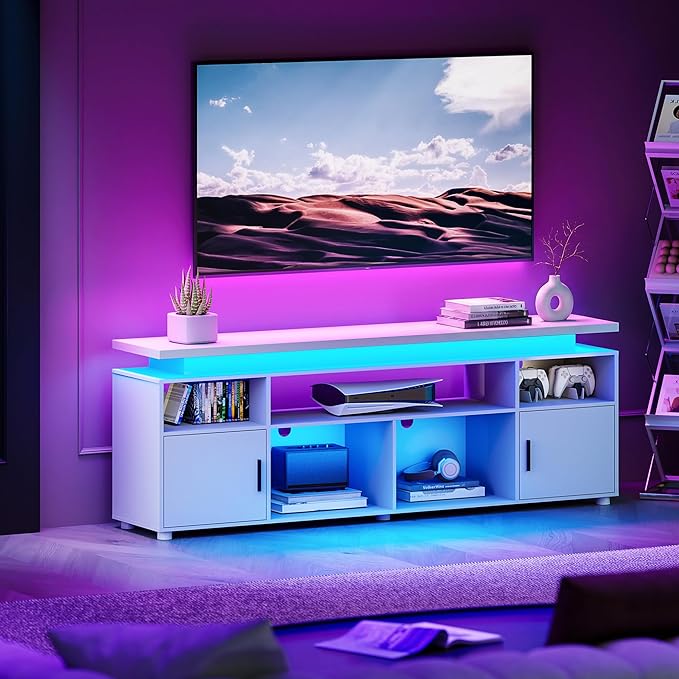 SUNCOZE TV Stand Entertainment Center with LED Lights and Cabinet for 70/75/80 Inch Modern TV Console Gaming Media Television Stands with Power Outlets for PS5 in Living Room and Bedroom White