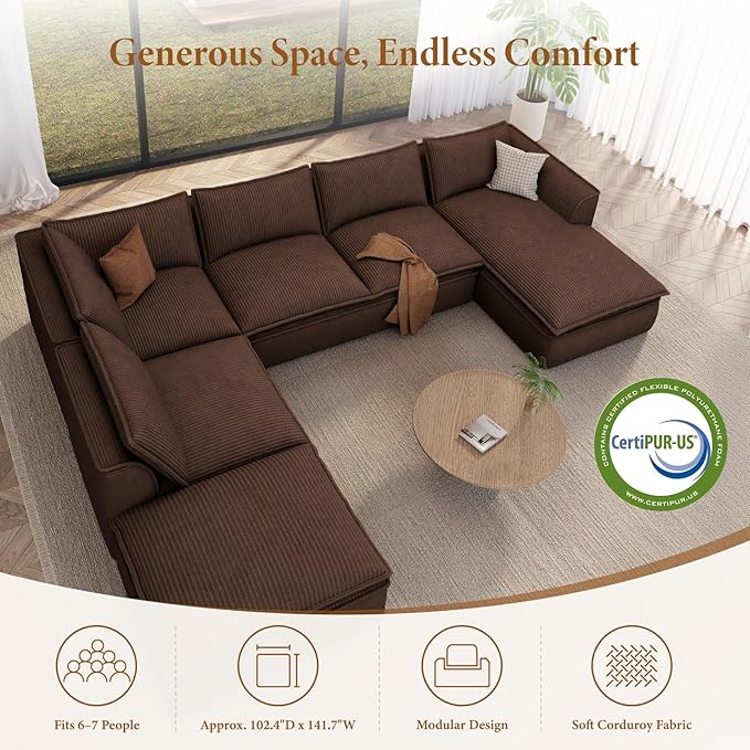 Vesgantti 141.7 Oversized Modular Sectional Sofa Modern 7 Seater Boneless Couch with Chaise and Ottoman Deep Seat Plush Corduroy Cloud Style for Living Room No Assembly RequiredBrown