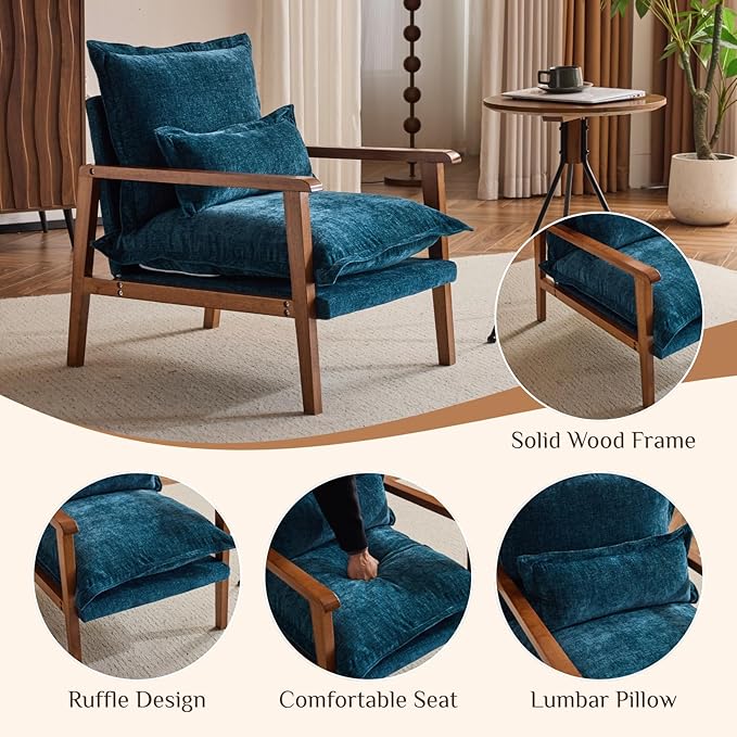Karl home Midcentury Accent Chair for Living Room Chenille Upholstered Lounge Armchair with Lumbar Pillow Ruffle-Designed Cozy Reading Chair with Wood Legs Peacock Blue