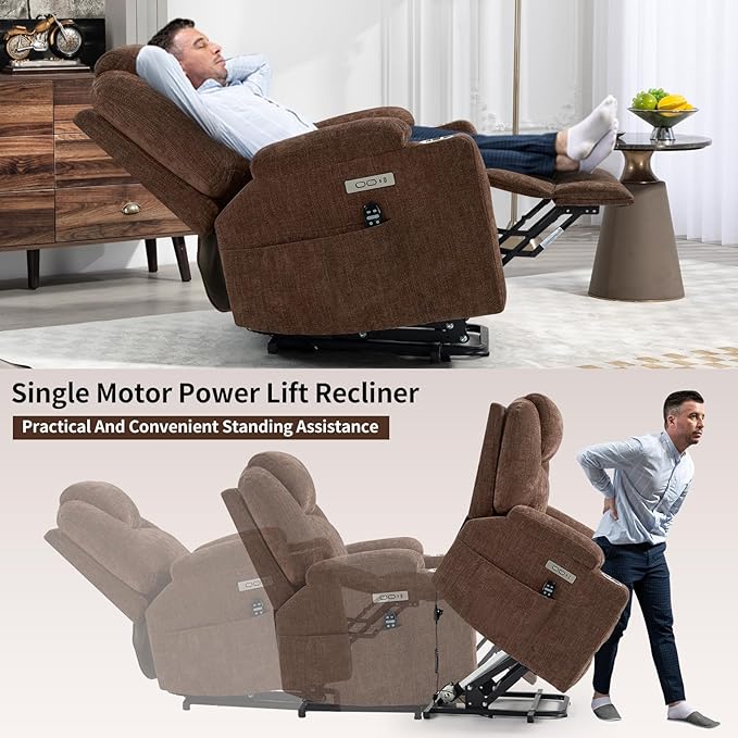 Chenille Electric Power Lift Recliner Chair Massage Single Sofa with Vibration Massage and Lumbar Heating Ergonomic Lounge Couch with Cup Holders and USB Charge Port for Living Room (Brown)