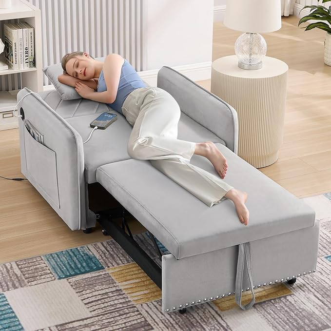 Convertible Sleeper Chair Bed3 in 1 Velvet Tufted Upholstered Single Sleeper Sofa with Adjustable Backrest&ampUSB PortPull Out Recliner Lounger Bed for Living RoomOfficeApartmentSmall Space(Grey