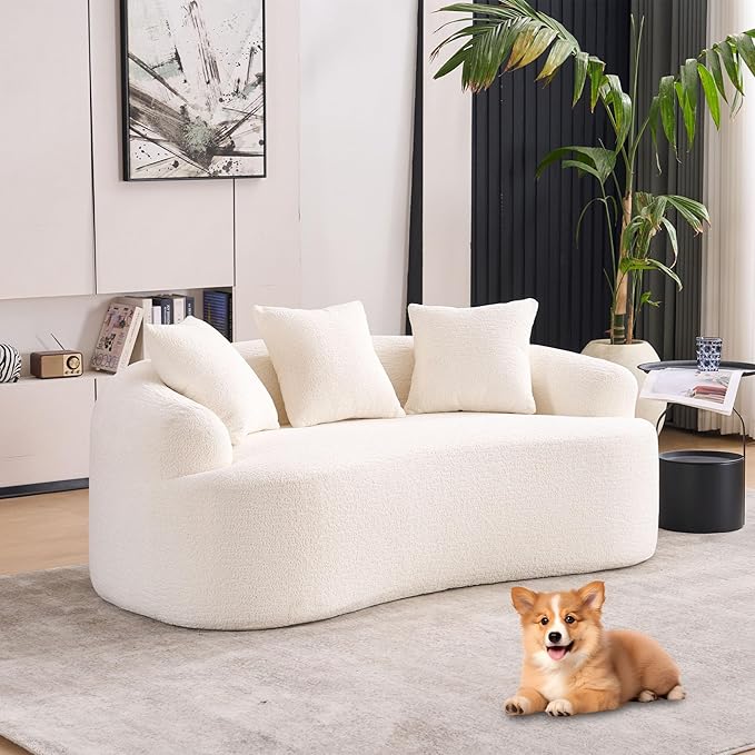65” Cloud White Curved Couch&amp Loveseat Sofa with 3 Pillows Compression Couch with Round Armrest Suitable for Small Space Bedroom Living Room Memory Foam Chenille No Assembly (Cloud White)