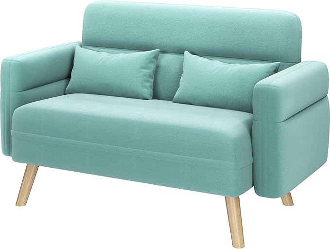 Yaheetech 46 Small Modern Fabric Sofa Loveseat Mid Century 2 Seater Sofa Couch with Lumbar Pillows Solid Wood Legs for Living Room Small Space Dorm Office Bedroom Aquamarine