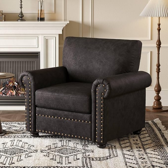 ONBRILL Nailhead Trim Accent Chair Faux Leather Club Chair for Living Room Comfy Armchair with Springs Cushions &amp Solid Wood Legs Traditional Rolled Arms Single Sofa for Bedroom Apartment Bla