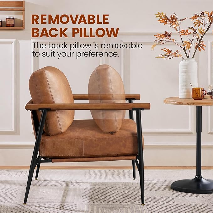 Yaheetech Accent Chair Set of 2 PU Leather Living Room Chair Back Pillow Modern Lounge Chair Wooden Arms Metal Frame Bedroom Waiting Room Retro Brown