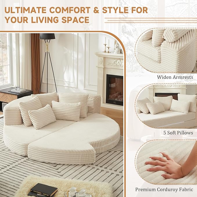 Curved Convertible Futon Sleeper Sofa Bed 78.5 Boneless Couch with Pull-Out Bed Corduroy Semi-Circular Foldable Floor Mattress for Living Room No Assembly Required Left Curved Beige