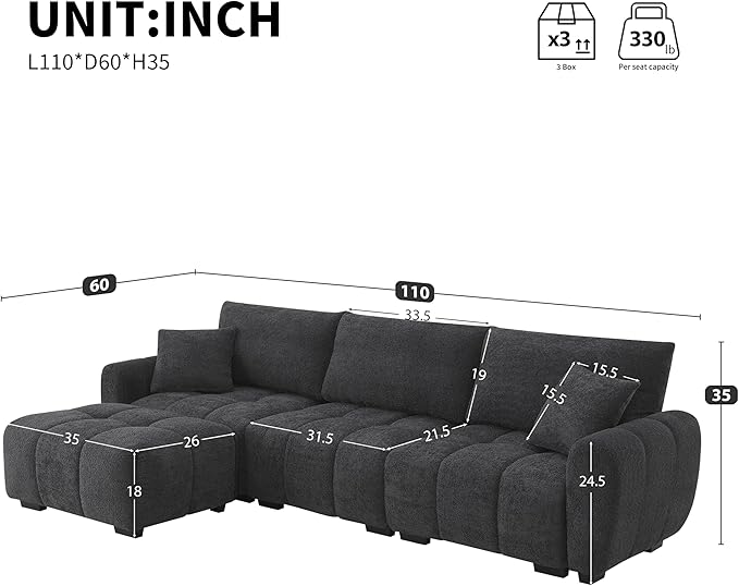 110 Modular Sectional Sofa with Pull-line Design Boucle Fabric L-Shape Upholstered Couch with Extra-Large Seat and Movable Ottoman Free Combination Sturdy Metal &amp Wood Frame (Black-04)