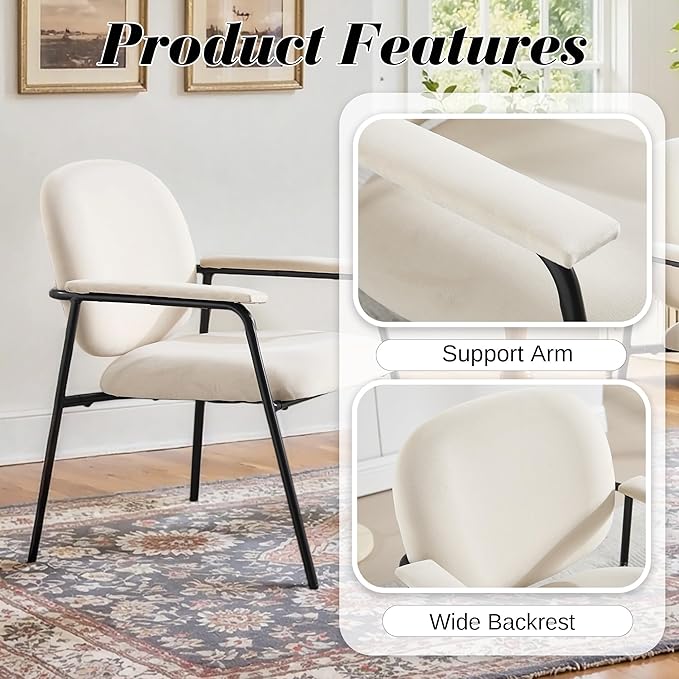Accent Chair Set of 2 Velvet Upholstered Armchair Reading Side Chair Comfy Living Room Chair with Black Metal Legs for Bedroom Waiting Room Beige