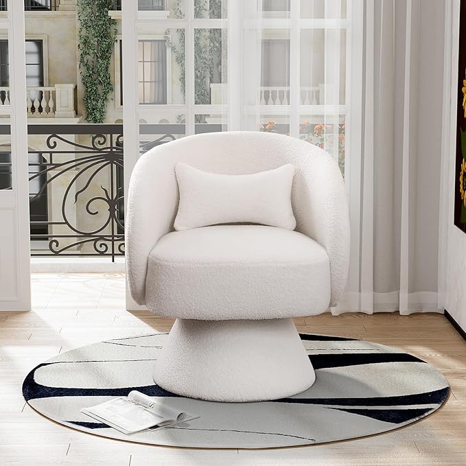 Swivel Barrel Chair Set of 2 Upholstered Swivel Cuddle Accent Chairs for Living Room Comfy 360°Small Round Boucle Sherpa Barrel Armchair for Bedroom Nursery (White Teddy)