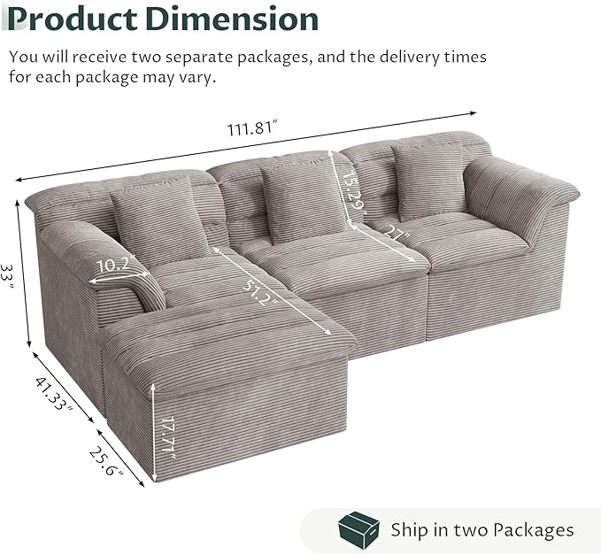 112 Modular Cloud Sectional Couch with Ottoman Modern Upholstered Compressed Sofa with Deep Seat Comfy L-Shape Corduroy Couches for Living Room No Assembly Required Light Gray