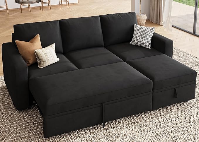 HONBAY Modular Sectional Sleeper Sofa with Pull Out Bed L Shaped Couch with Storage Seat Modular Sectional Couches for Living Room - Black