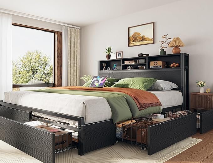 EnHomee Queen Bed Frame with 6 Storage Drawers Queen Size Bed Frame with Headboard Storage Bed with Charging Station No NoiseNo Box Springs NeededBlack