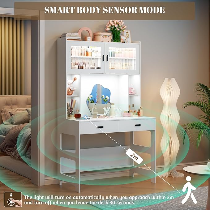 Vlsrka Home Office Desk with Hutch and Drawers 40 Computer Desk with Storage Shelves and LED Lights Modern Wooden Writing Study Table with Charging Station for Bedroom White