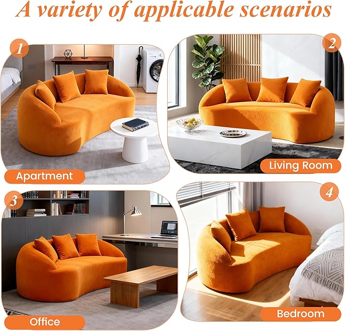 65.75 Curved Loveseat SofaBoneless Loveseat Couch11.02 Raised BackrestDeep SeatWood Grain Chenille Fabric Curved Sofa Couch for Small Spaces (Orange65.75)