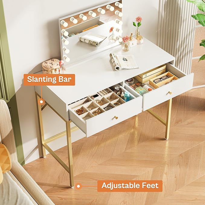 SUPERJARE 31.5 White and Gold Desk with 2 Drawers Modern Vanity Desk Small Makeup Table for Home Office Writing Study Bedroom