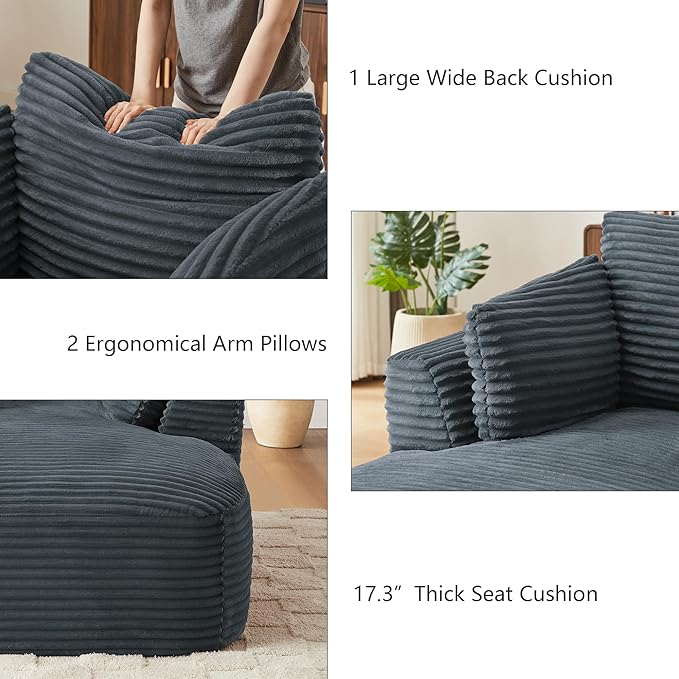 45.3W Boneless Chaise Lounge Sofa Chair Indoor Oversized Corduroy Reading Cloud Couch with Soft Pillows Comfy Single Seat Floor Sleeper Sofa Bed for Living Room Apartment Office Small Spaces