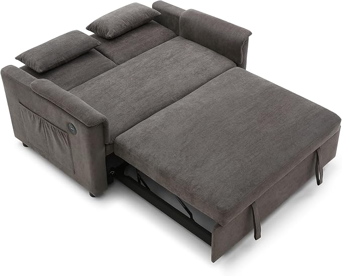 3 in 1 Convertible Sofa Bed with USB Ports - 55 Modern Velvet Sleeper Loveseat with Adjustable Backrest Pull-Out Bed 2 Pillows &amp Storage Pockets Space Saving (Grey)