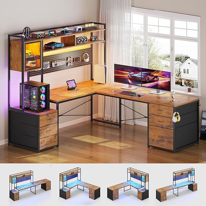 SEDETA L Shaped Gaming Desk with 6 Drawers Reversible Computer Office Desk with File Drawer Hutch Storage Shelves Gaming Corner Desk with Led Lights Power Outlet for Two Person Rustic Brown