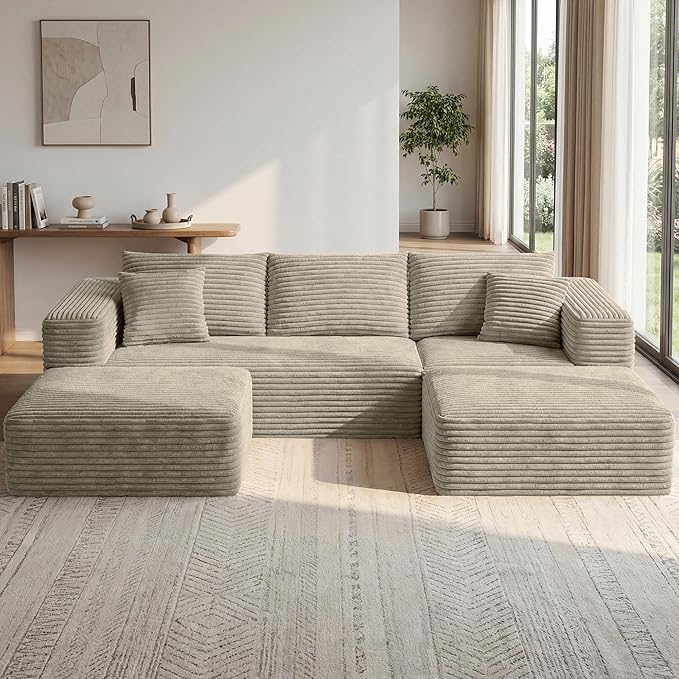 Modular Sectional Sofa | 108 Cloud Couch with Cozy Textured CorduroyU-Shaped Boneless Couch Pit SofaHigh-Density Foam Convertible Floor Couch for Home1400lbs Support | Oat Beige | 2 Manageable Box