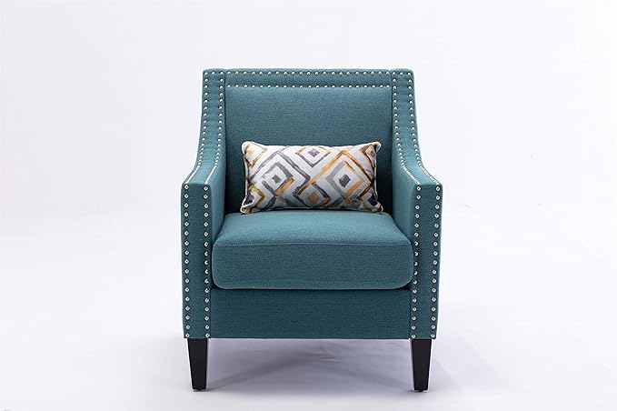 Accent Armchair Living Room Chair with Nailheads and Solid Wood Legs Teal Linen