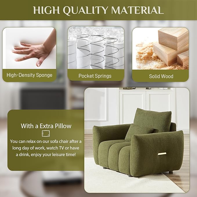 Teddy Cloud Sofa Couch Modern Deep Seat Boucle Single Sofa Chair Comfy Upholstered Sherpa Couch with Pillow Oversized Accent Armchair for Living Room Apartment Office Olive Green