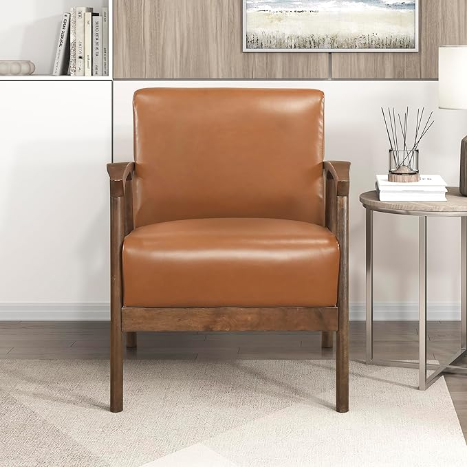 Lexicon Mid Century Modern Accent Chair Faux Leather Upholstered Lounge Armchair Solid Rubber Wood Frame Single Sofa Seat for Living Room/Bedroom/Office/Waiting Area Brown