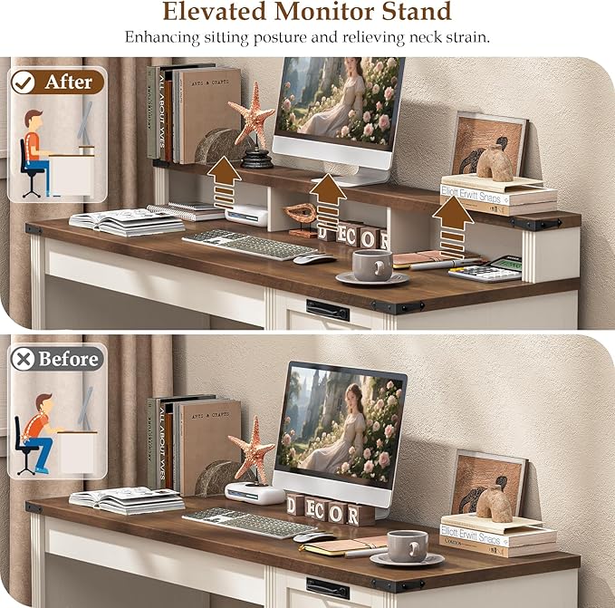 Vabches 55 Farmhouse Executive Desk with 3 Drawers Wooden Computer Desk with Keyboard Tray Home Office Desk with File Drawer (Fits A4 Size) for Work and Study White and Brown