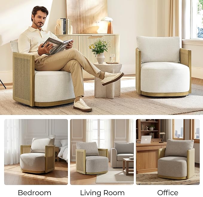CHITA Braid Swivel Accent Chairs Modern Comfy FSC Certified Armchair with Paper Cord &amp Wood Frame for Living Room and Bedroom Fully Assembled - Linen