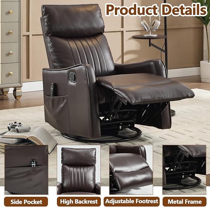 Slim Swivel Rocking Chair Recliner with PocketsLazy Boy Recliners for for AdultsSmall Recliner Chair for Small Spaces Manual Reclining Chair for Living Room Bedroom (Brown 2)
