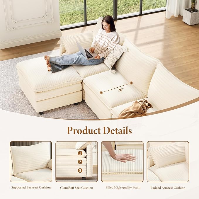Vesgantti 142 U Shaped Sectional Couch Comfy Cloud Modular Sectional Sofa with 2 Ottoman Deep Seat Corduroy Modern Cloud Sofa Modular Sofas for Living Room Bedroom and Apartment Beige