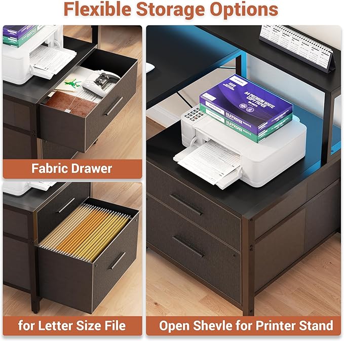 Aheaplus L Shaped Desk with File Drawer 72.8 Reversible L Shaped Computer Desk with Power Outlet &amp LED Strip Gaming Desks with Long Monitor Stand Corner Office Desks with Storage Shelf Black