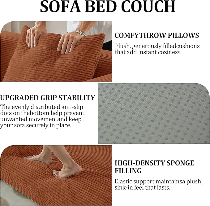 HouseMila 53.15 Convertible Sofa Bed4-in-1 Futon Sofa Bed Modular Loveseat Sleeper Folding Pull Out Couch with Pillows No Assembly Required Boneless Couch for Living Room Bedroom Guest RoomOrange