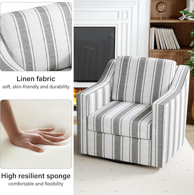 Swivel Accent Chair Modern Round Barrel Arm Chair for Living Room Bedroom Comfy Club Reading Chairs for Adults (Stripe Grey Set of 2)