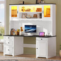 YITAHOME Executive Desk with Hutch and Drawers Farmhouse Computer Desk with Power Outlet &amp LED Lights Home Office Desks with Storage Shelves Storage Cabinet with Glass Door White &amp Black