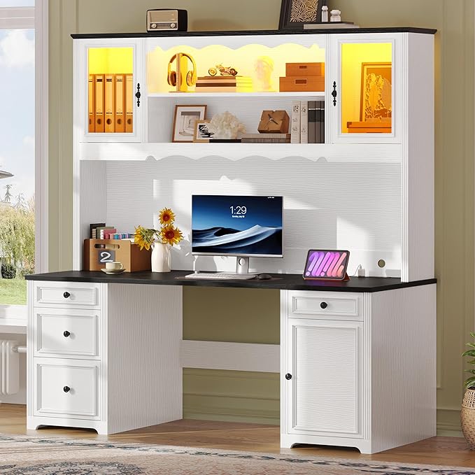 YITAHOME Executive Desk with Hutch and Drawers Farmhouse Computer Desk with Power Outlet &amp LED Lights Home Office Desks with Storage Shelves Storage Cabinet with Glass Door White &amp Black