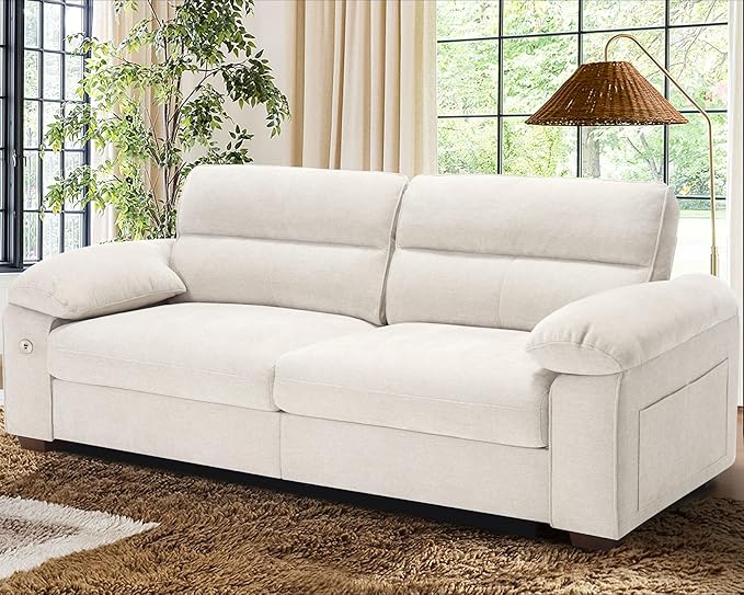 WorthFurni Sofas for Living Room Chenille Pillow-Armrest Loveseat Couch Set Small Sofa 3 Seater Sofa USB Charging Removable Sofa Cover Solid Wood Frame Easy to Install (90.5 inch Beige)