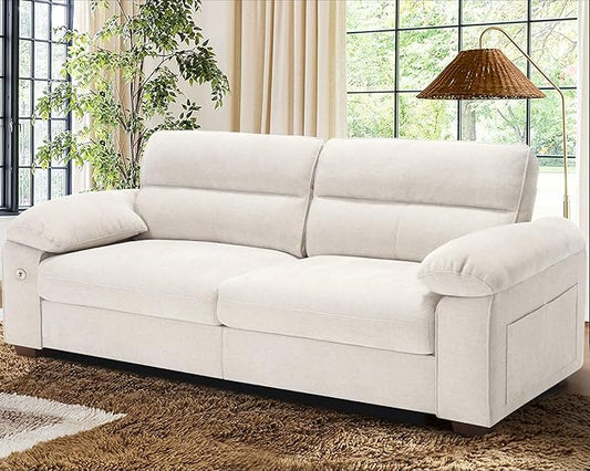 WorthFurni Sofas for Living Room Chenille Pillow-Armrest Loveseat Couch Set Small Sofa 3 Seater Sofa USB Charging Removable Sofa Cover Solid Wood Frame Easy to Install (90.5 inch Beige)