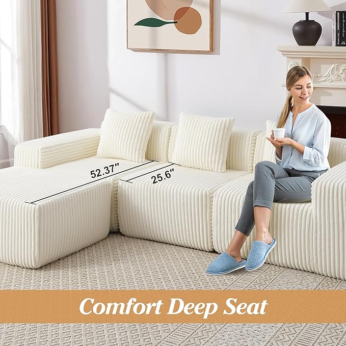 101 Cloud Couch Boneless Modular Sofa Compression Memory Foam Sectional Couches Comfy Corduroy L Shaped Sofas with Chaise Lounge for Living Room No Assembly Required (Beige 101in)