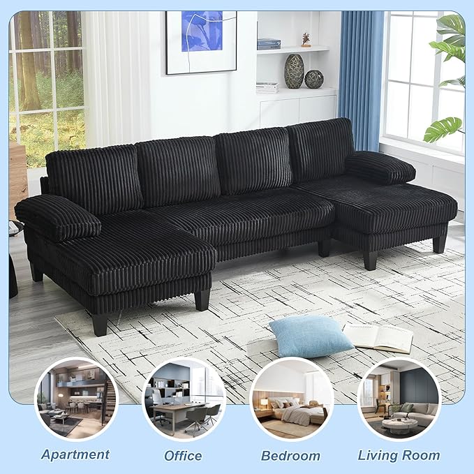 114 Sectional Couches for Living Room Corduroy Deep Seat Cloud Couch Double Chaise U Shaped Sofa